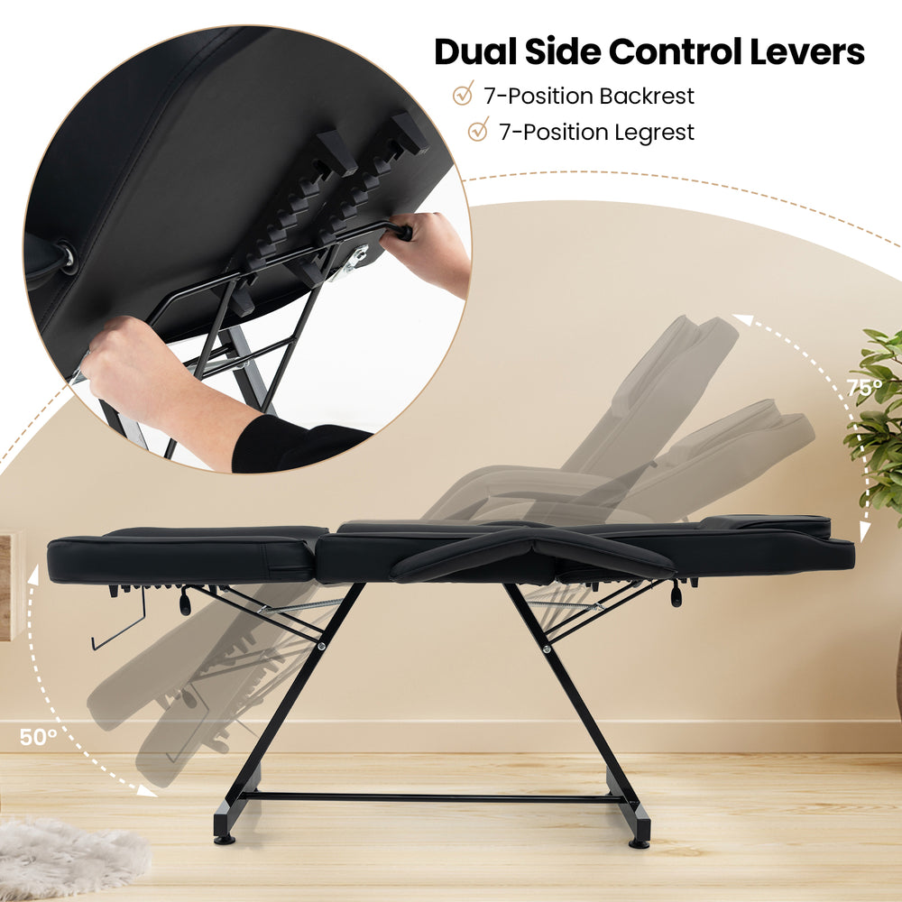 Dual side control levers on the 73-inch black facial chair set with 7-position backrest and legrest for ergonomic.