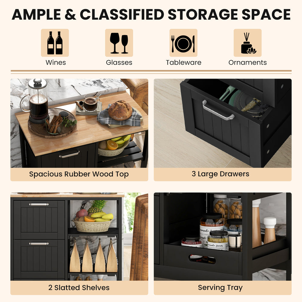 Rolling kitchen island utility cart with spacious rubber wood top, 3 large drawers, and 2 slatted shelves for versatile.