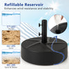 Patio umbrella base with refillable reservoir for stability, holds 88 lbs of water or sand, designed for various.