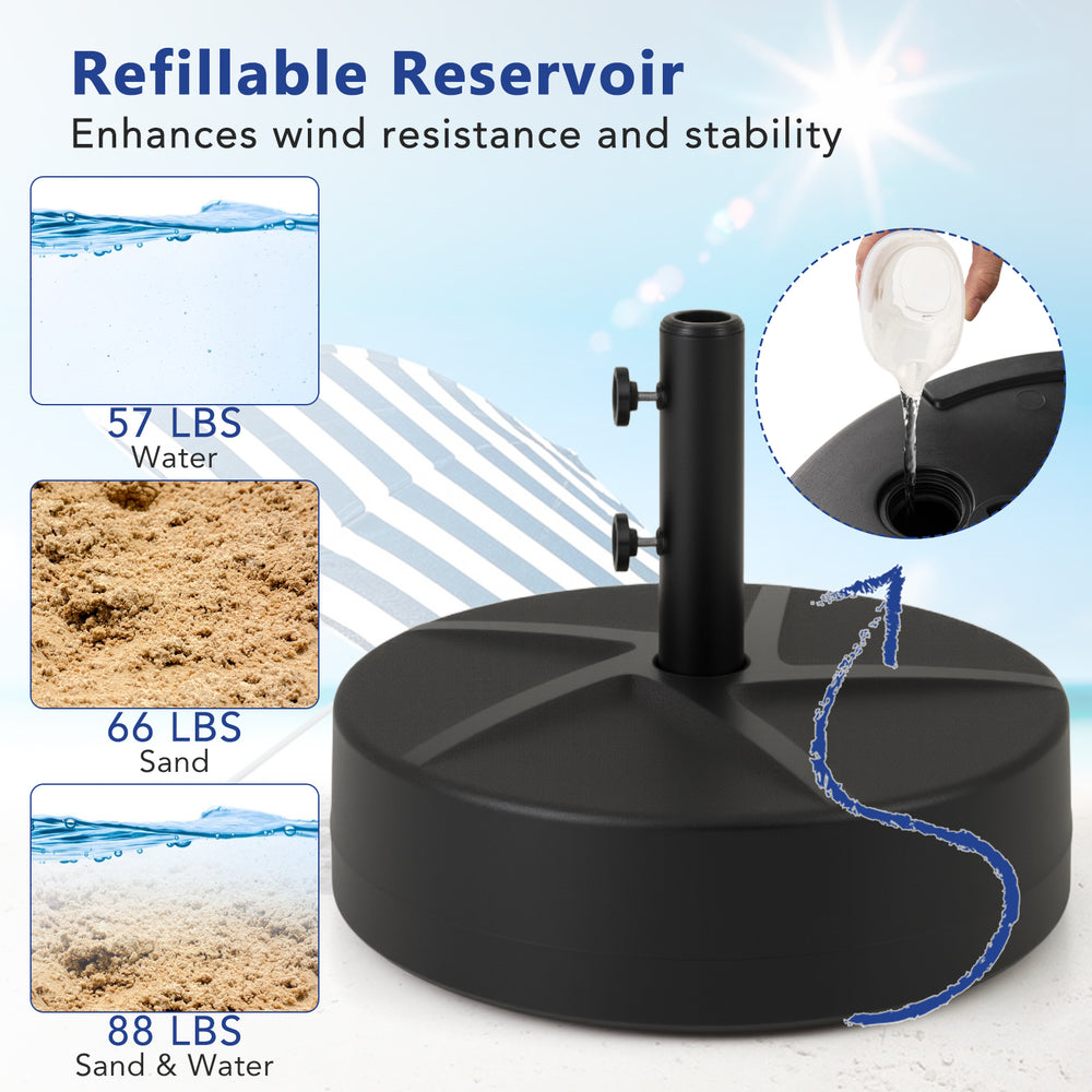 Patio umbrella base with refillable reservoir for stability, holds 88 lbs of water or sand, designed for various.