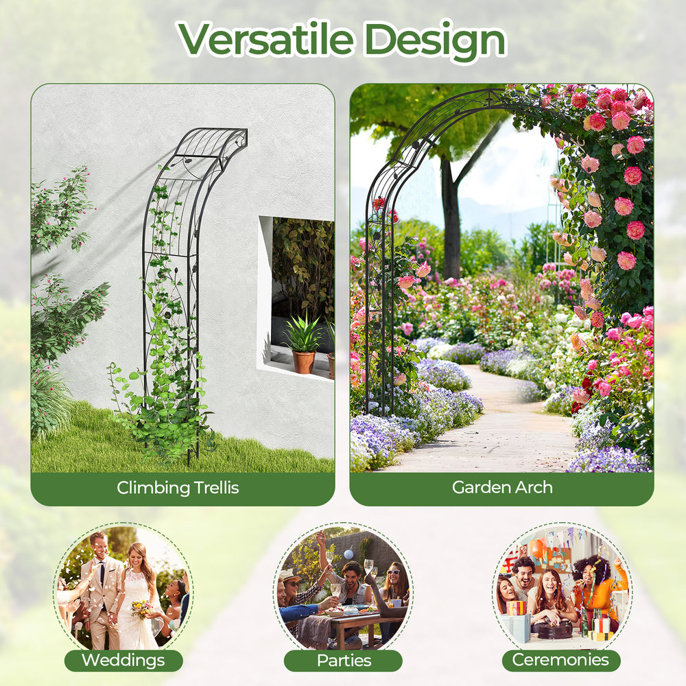Black garden arch trellis for climbing plants, featuring a sturdy metal frame, ideal for weddings and outdoor parties.