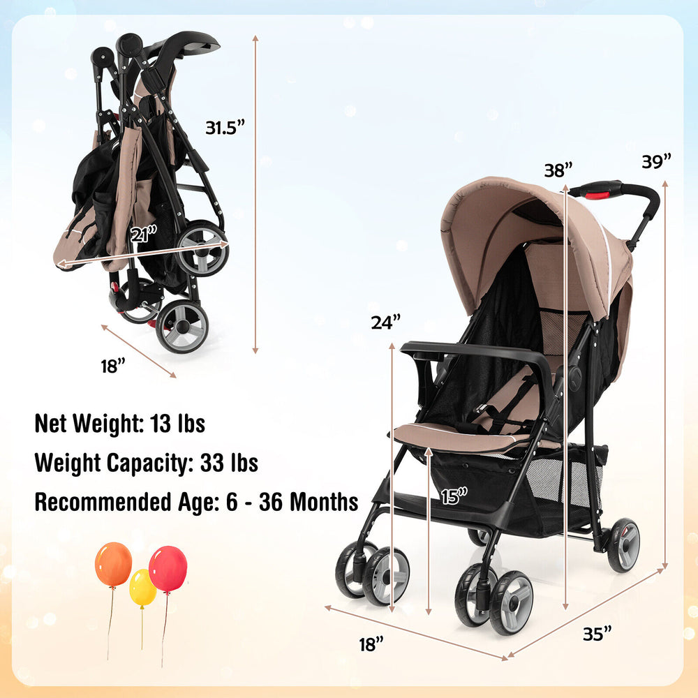 Toddler travel stroller in coffee color with adjustable backrest, canopy, and compact fold for easy storage.