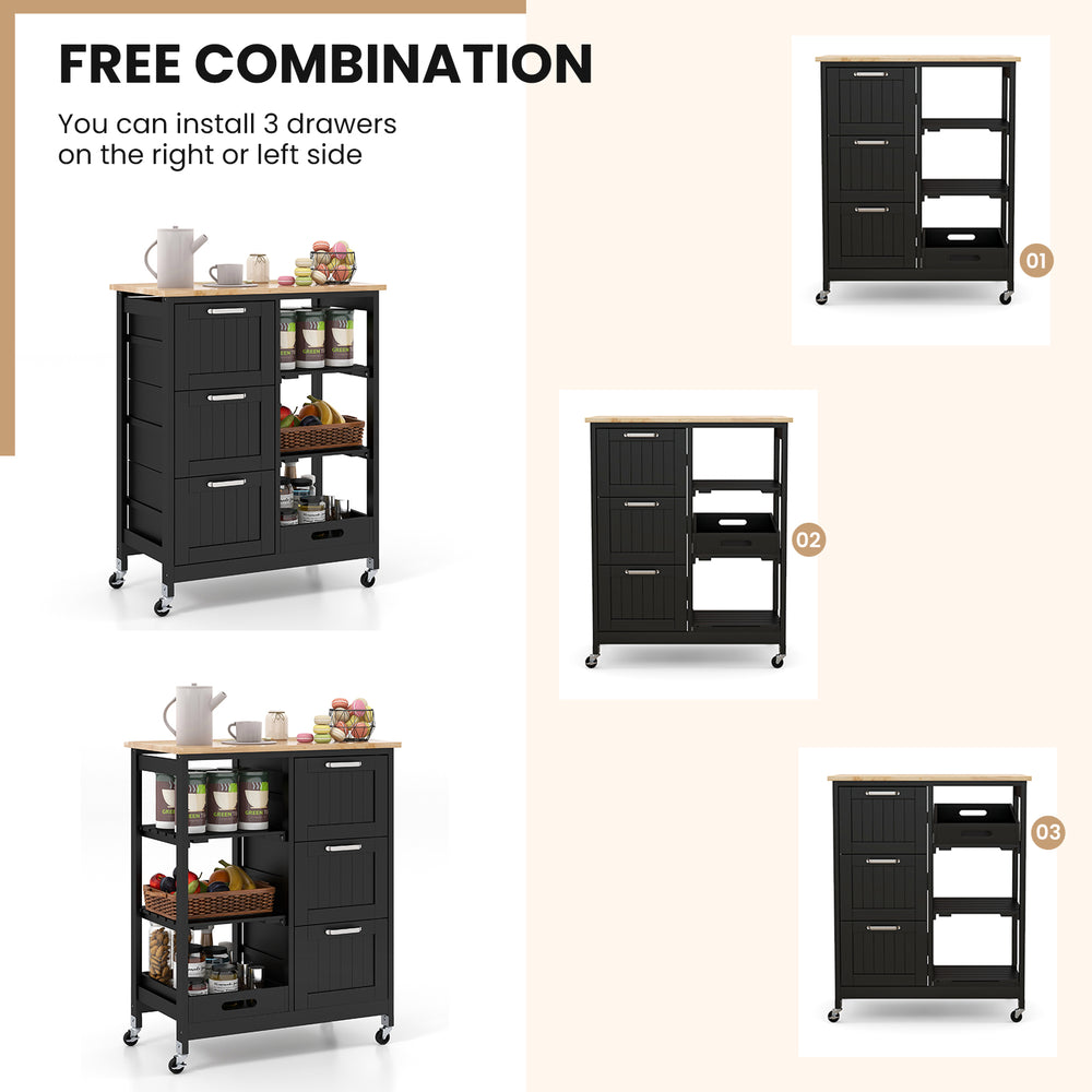 Rolling kitchen island utility storage cart in black with 3 large drawers and adjustable shelves for versatile use.