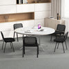 Set of 5 stackable conference chairs with mesh back in an office setting, featuring a curved backrest and sponge.