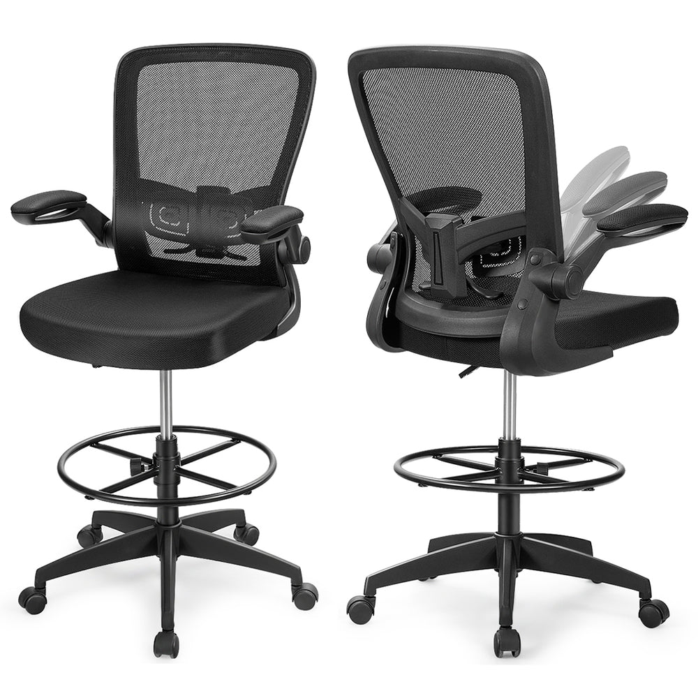 Height adjustable drafting chair showcasing a side view with flip-up arms and a breathable mesh back for optimal.