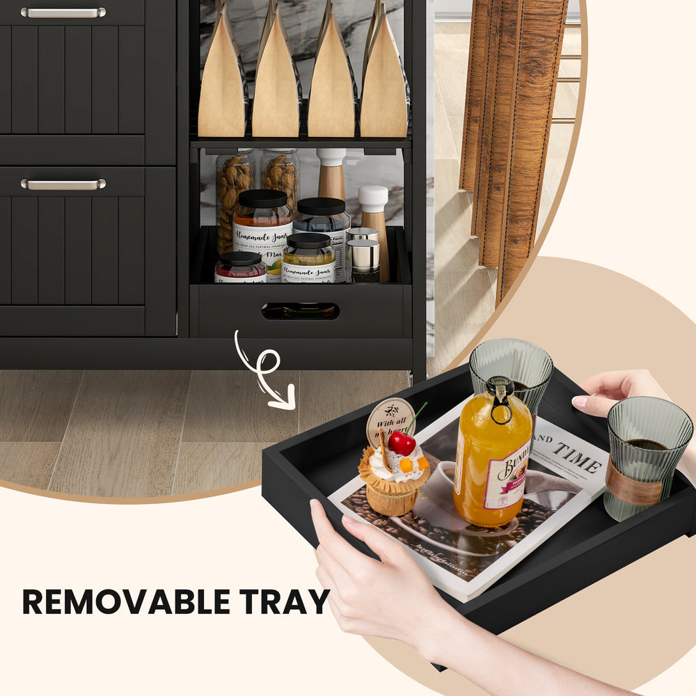 Removable tray with drinks and dessert on the rolling kitchen island utility cart featuring 3 large drawers and shelves.