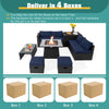 9-piece outdoor wicker sectional with navy cushions and 35-inch gas fire pit table for cozy patio gatherings.