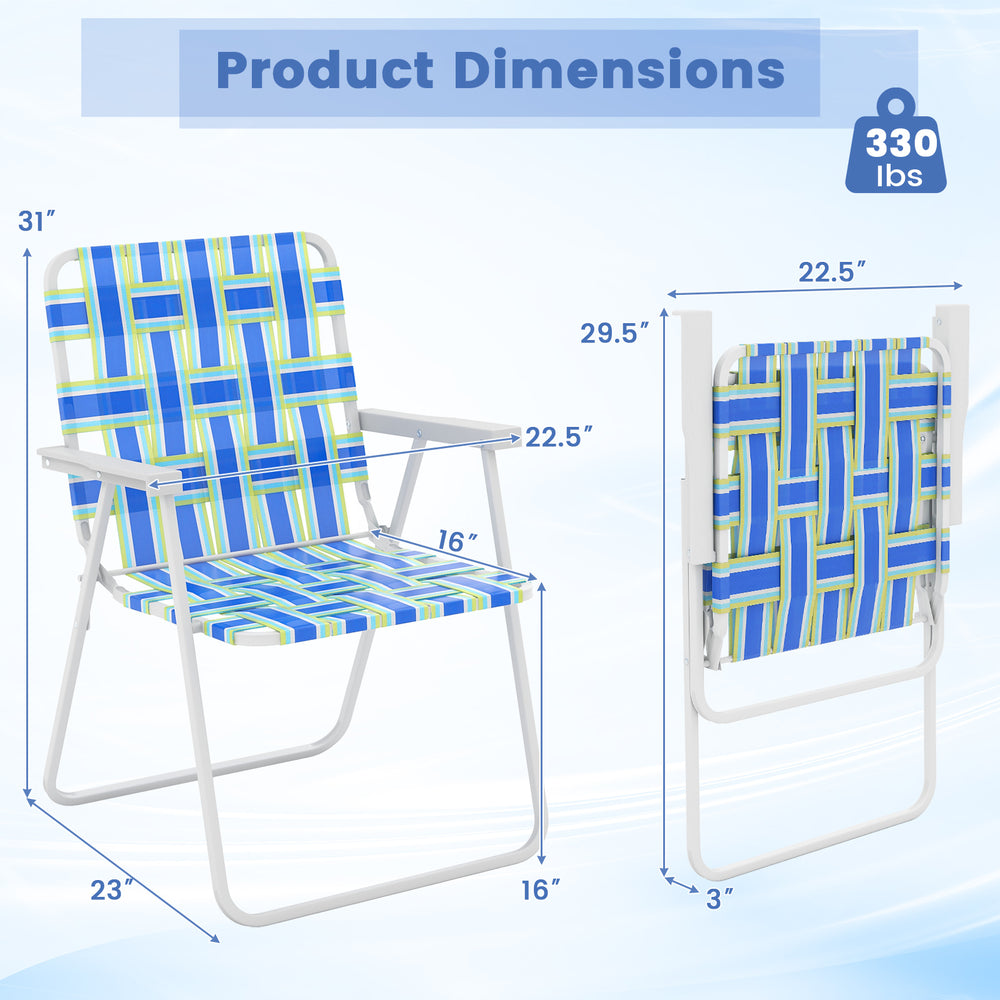 Folding beach chair with blue webbing, reinforced steel frame, dimensions 31" x 22.5" x 16", portable for camping.