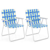 Two blue folding beach chairs with a reinforced steel frame, perfect for camping or lawn use.