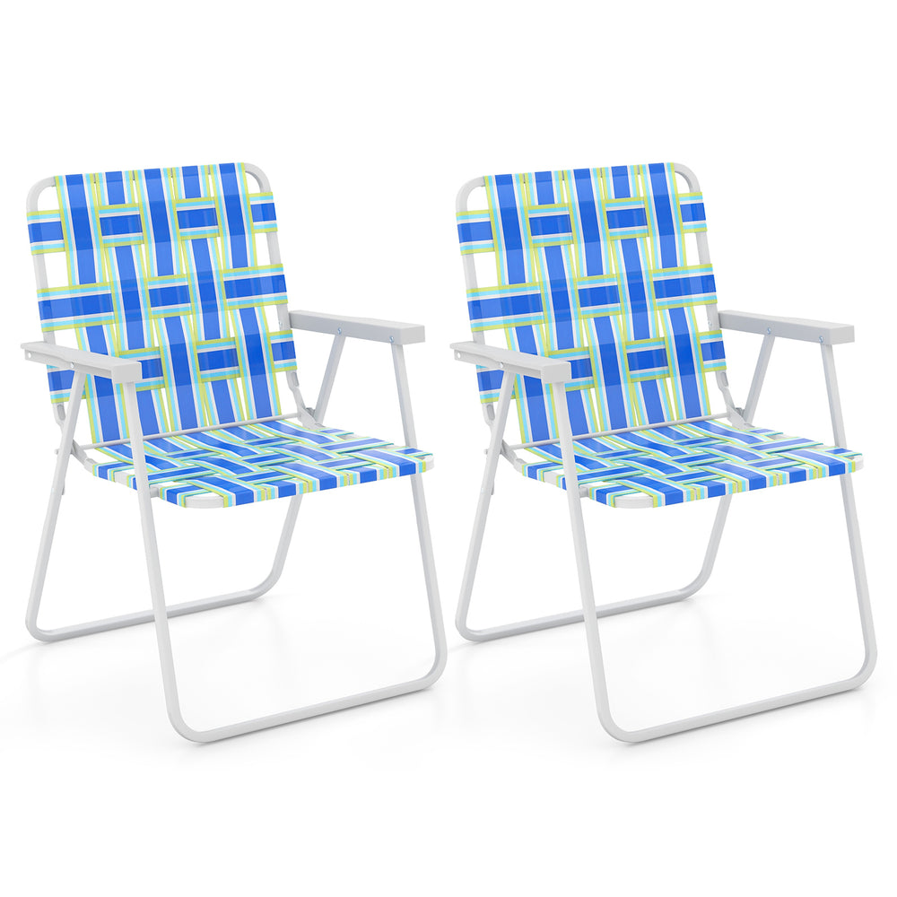 Two blue folding beach chairs with a reinforced steel frame, perfect for camping or lawn use.