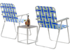 Two blue folding beach chairs with a solid steel frame, set up on the sand for outdoor relaxation.