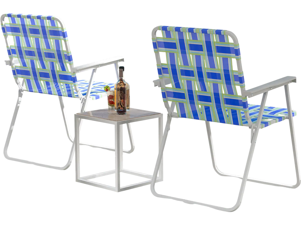 Two blue folding beach chairs with a solid steel frame, set up on the sand for outdoor relaxation.