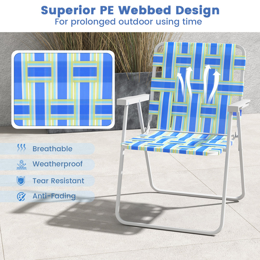 Folding beach chair in blue with breathable webbing, featuring a sturdy steel frame for outdoor use and easy transport.