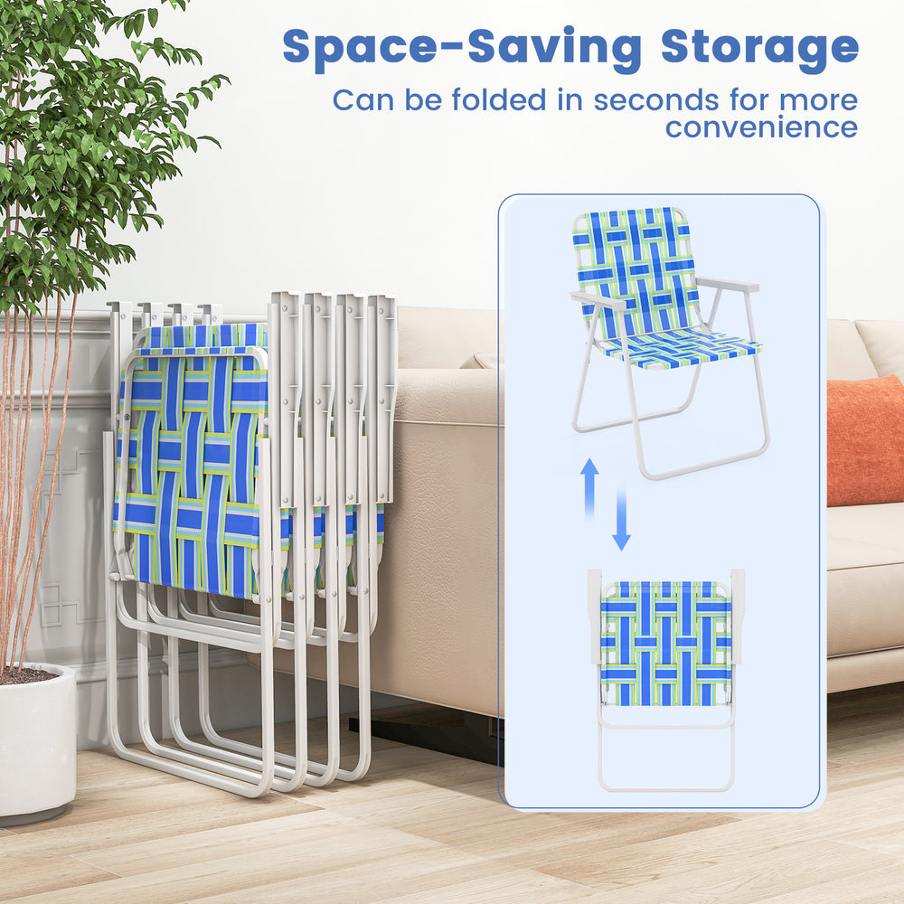 Folding beach chair set in blue webbing with a space-saving design, perfect for camping and outdoor activities.