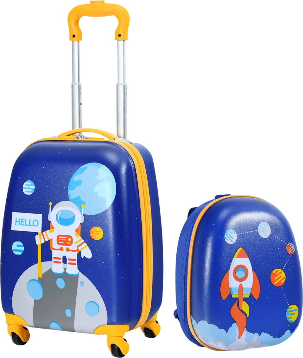 Kids luggage set featuring a colorful astronaut suitcase and matching backpack, designed for travel with adjustable.