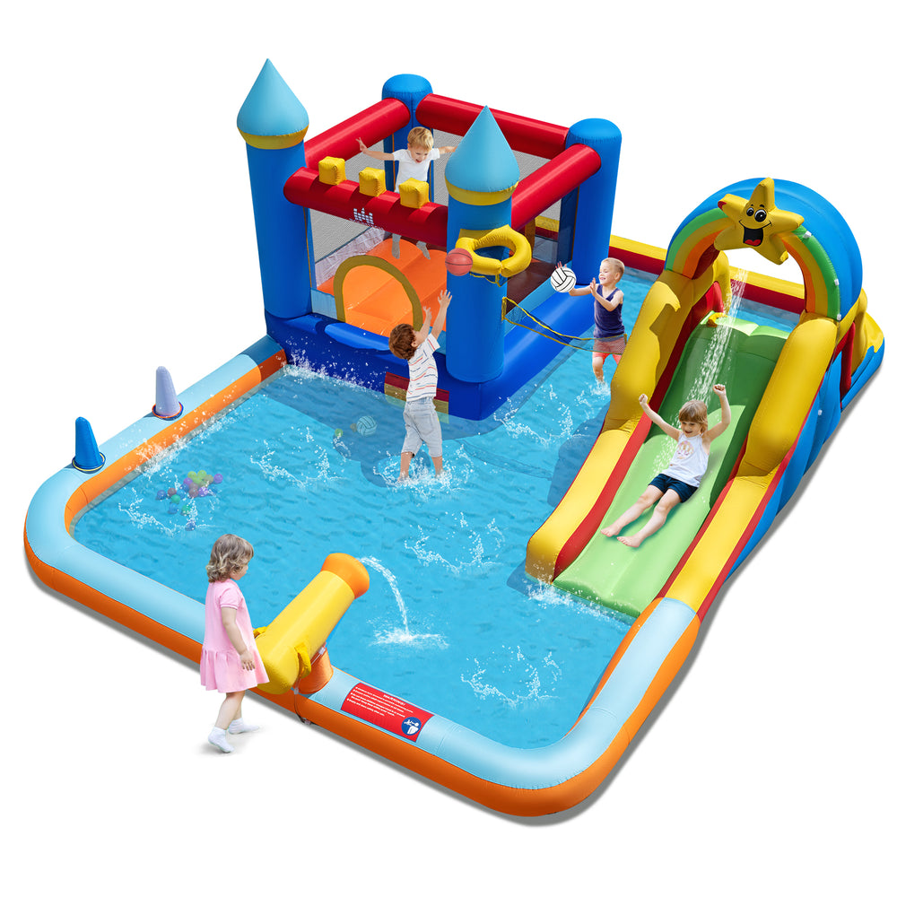 Colorful inflatable water slide park featuring a climbing wall, splash pool, and various games for outdoor fun.