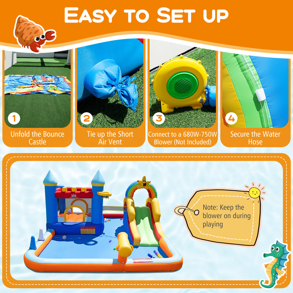 Inflatable water slide park featuring a climbing wall, splash pool, and various games for outdoor fun and entertainment.