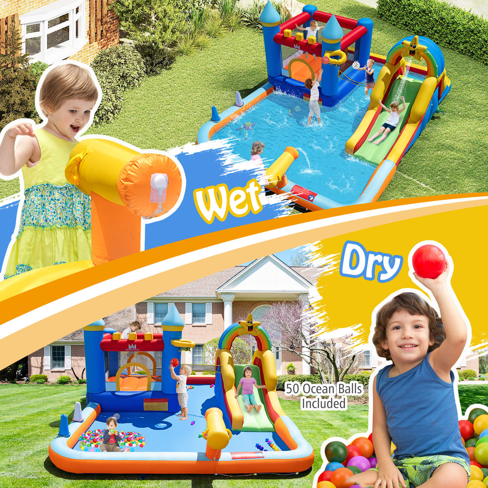 Inflatable water slide park featuring a climbing wall, splash pool, and water cannon for outdoor fun and games.