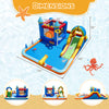 Inflatable water slide park featuring a climbing wall, splash pool, and various games, ideal for outdoor fun.