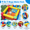 Inflatable water slide bounce house with climbing wall, basketball hoop, and splash pool for summer fun.