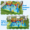 Inflatable water slide bounce house with climbing, sliding, and sports features for wet and dry fun year-round.
