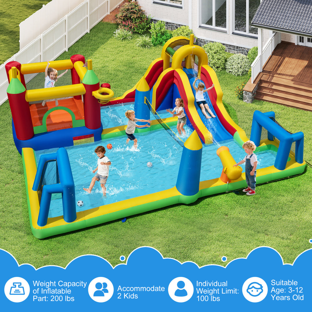Colorful inflatable water slide bounce house with climbing, sliding, and sports activities for kids aged 3-12 years.