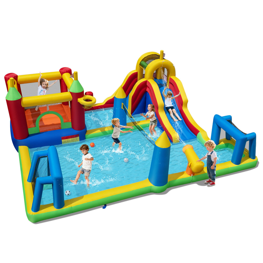 Colorful inflatable water slide bounce house with climbing wall, featuring multiple play areas for kids' summer fun.