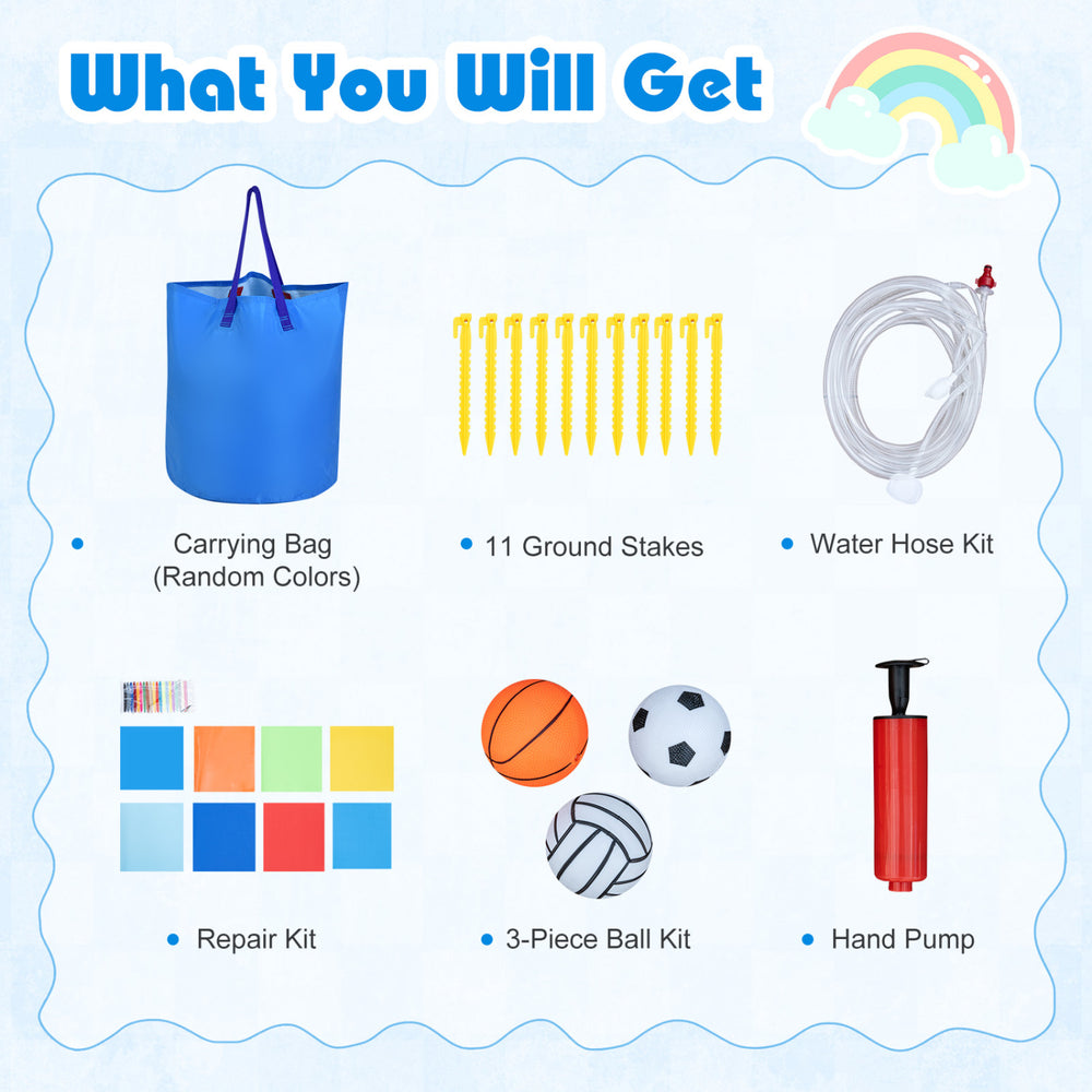 Carrying bag, 11 ground stakes, water hose kit, repair kit, ball kit, and hand pump for inflatable water slide fun.