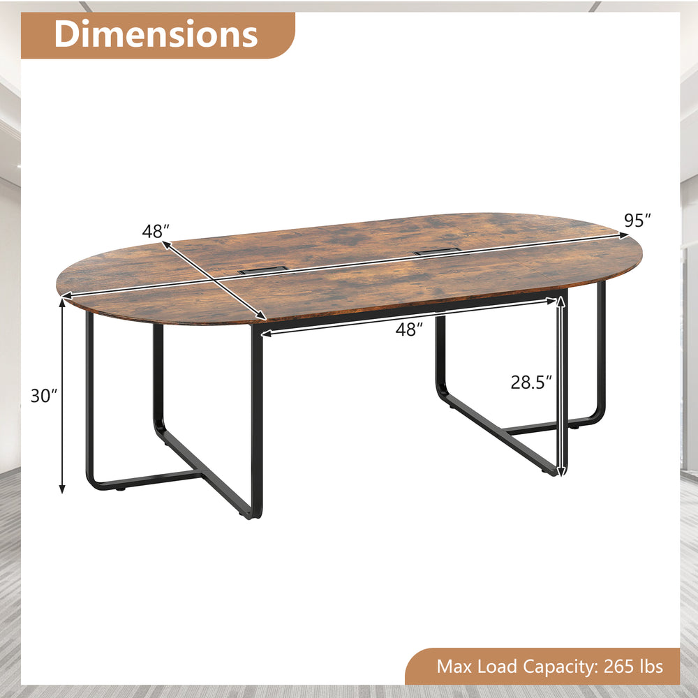 Dimensions of the 95-inch oval conference table in rustic brown, featuring dual cable holes and T-shaped metal legs.