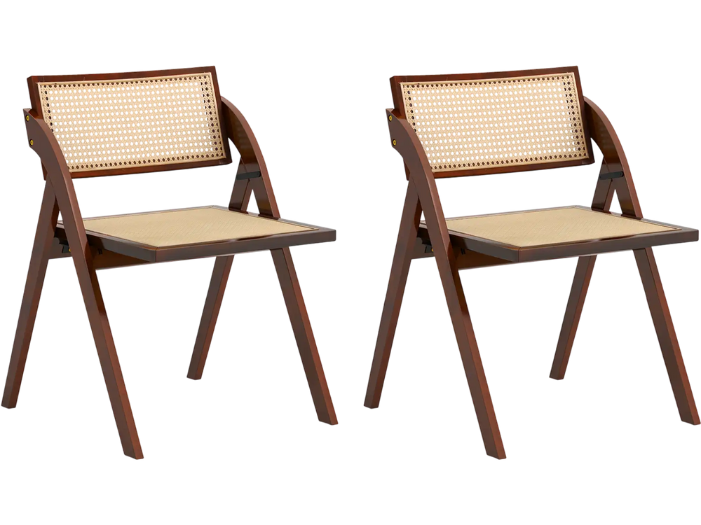 Set of 2 foldable dining chairs with woven rattan backrest and sturdy rubber wood frame for convenient storage.