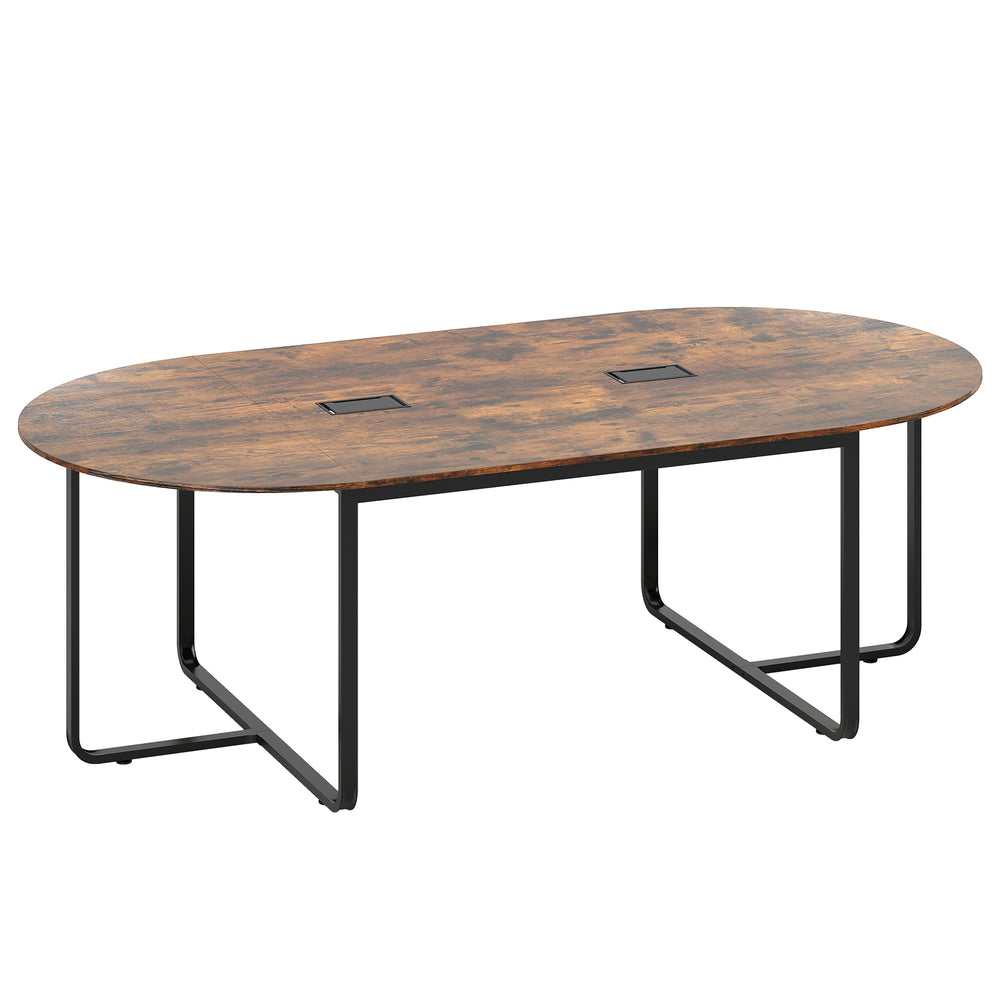 Oval conference table in rustic brown with dual cable holes, ideal for meetings, supporting up to 265 lbs.