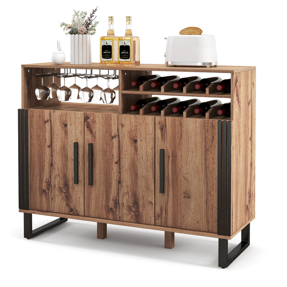 Home wine bar cabinet with a versatile design, featuring a 4-row glass holder and sturdy metal feet for enhanced.