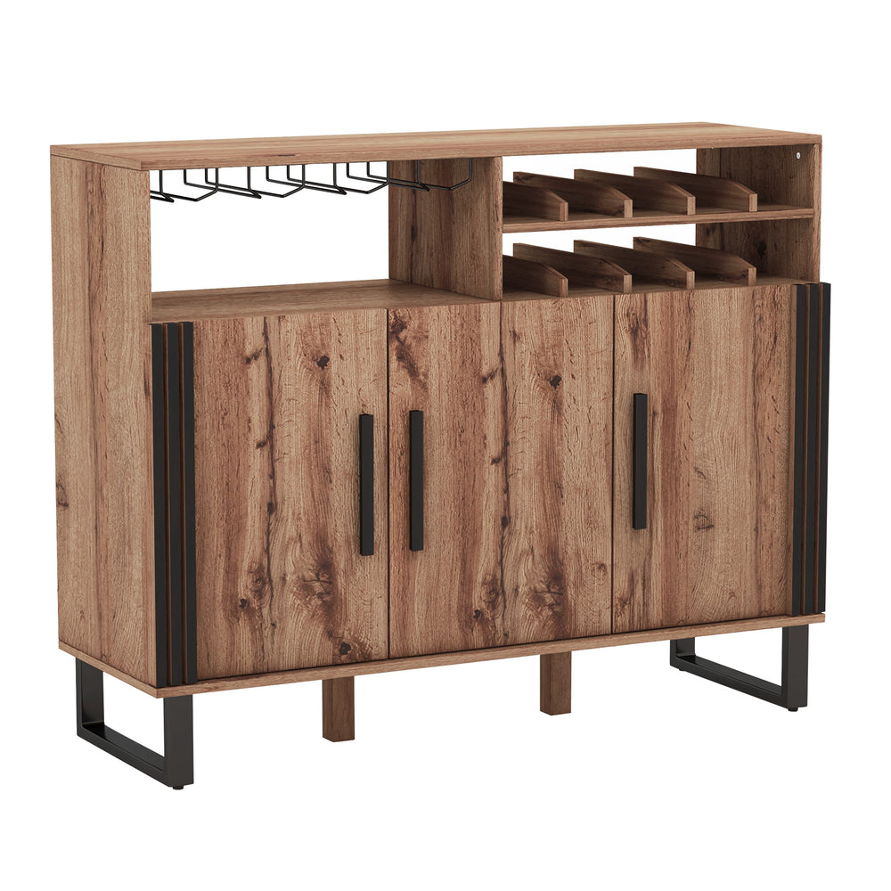 Home wine bar cabinet in brown with 3 doors, adjustable shelves, and a 2-tier wine rack for organized storage.