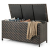 Brown 85-gallon outdoor storage box with removable liner, featuring PE rattan, ideal for cushions and blankets.