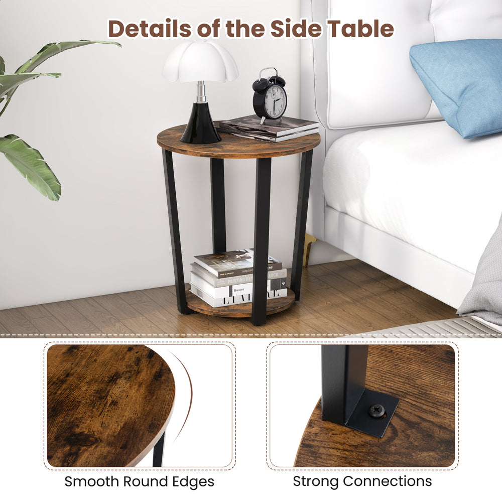 Round end table with metal frame and removable shelf, featuring smooth edges and strong connections for versatile use.