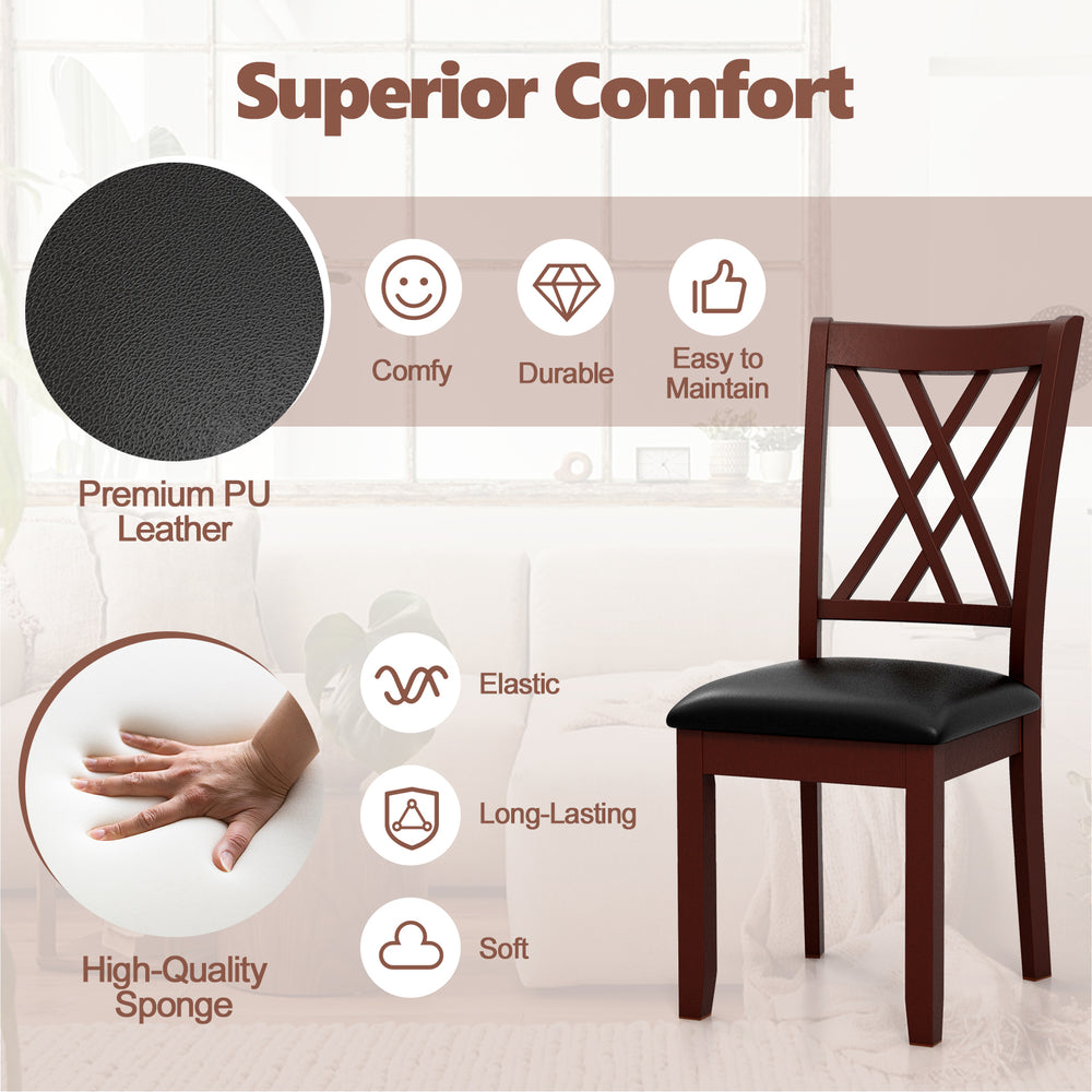 Brown dining chair with ergonomic backrest, padded seat, and premium PU leather, ideal for kitchen or dining room use.