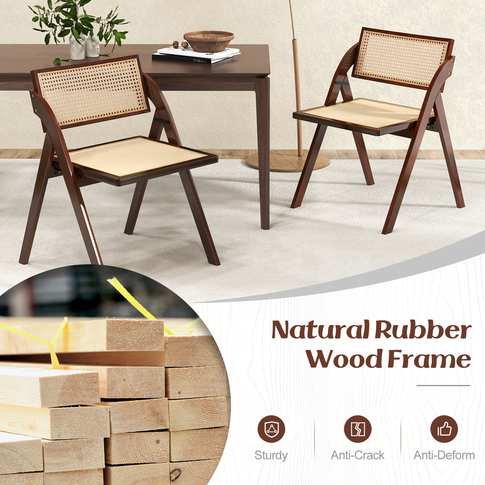 Foldable dining chairs set of 2 with woven rattan backrest and sturdy rubber wood frame for convenient storage.