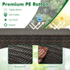 Tightly-woven brown PE rattan outdoor storage box with removable liner, 85-gallon capacity, and universal wheels.