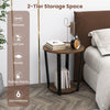 2-tier round end table with a brown melamine surface and sturdy metal frame, ideal for living rooms or bedrooms.