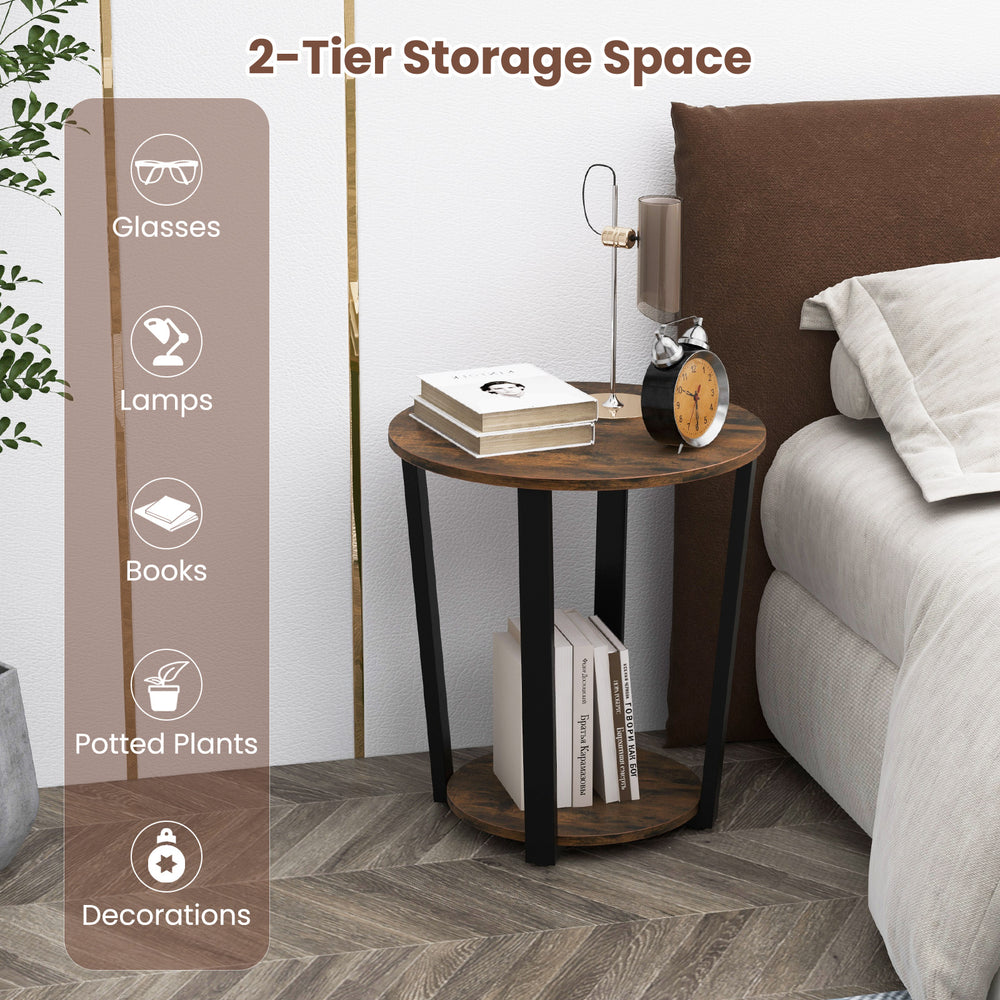 2-tier round end table with a brown melamine surface and sturdy metal frame, ideal for living rooms or bedrooms.