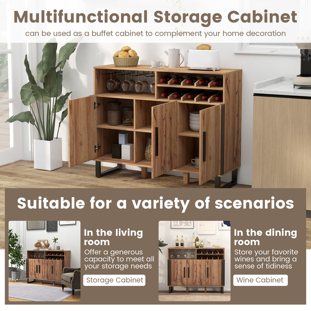Home wine bar cabinet in brown with adjustable shelves, wine rack, and glass holder for versatile storage solutions.