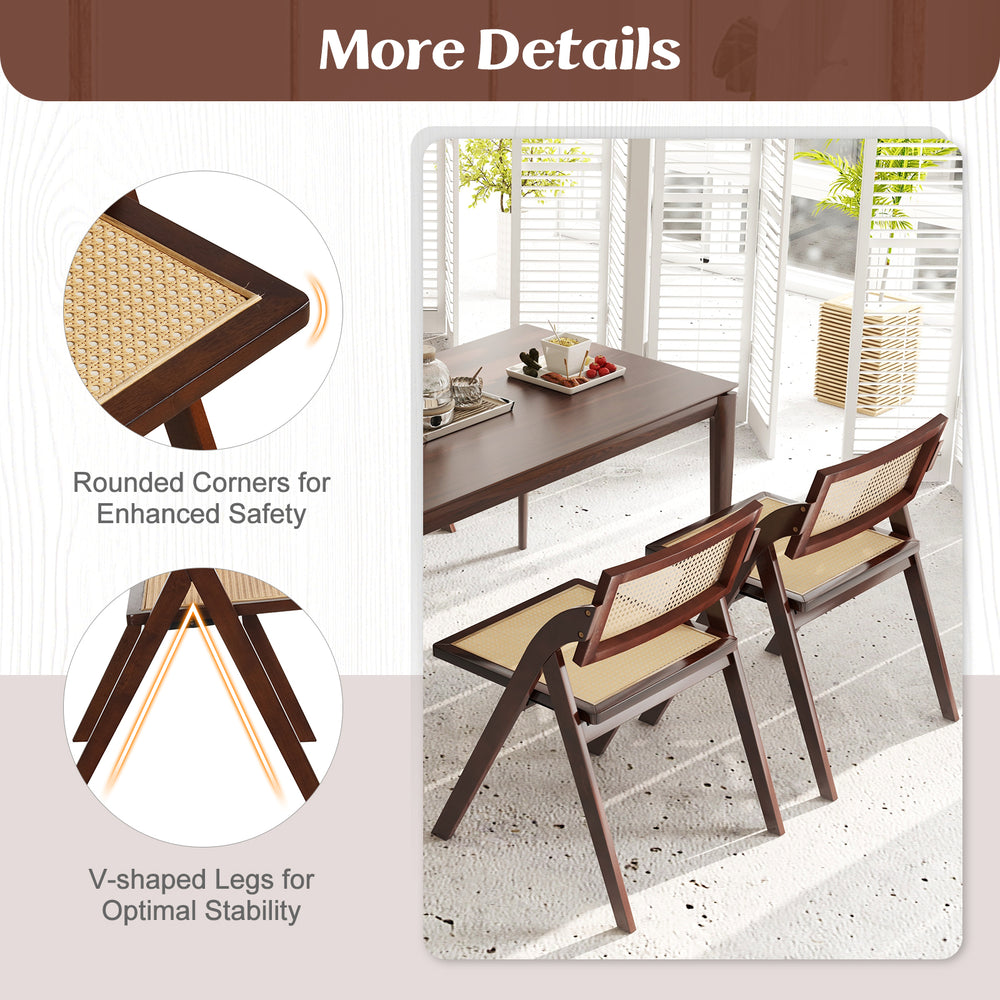Foldable dining chairs set of 2 with woven rattan backrest, featuring rounded corners and V-shaped legs for stability.