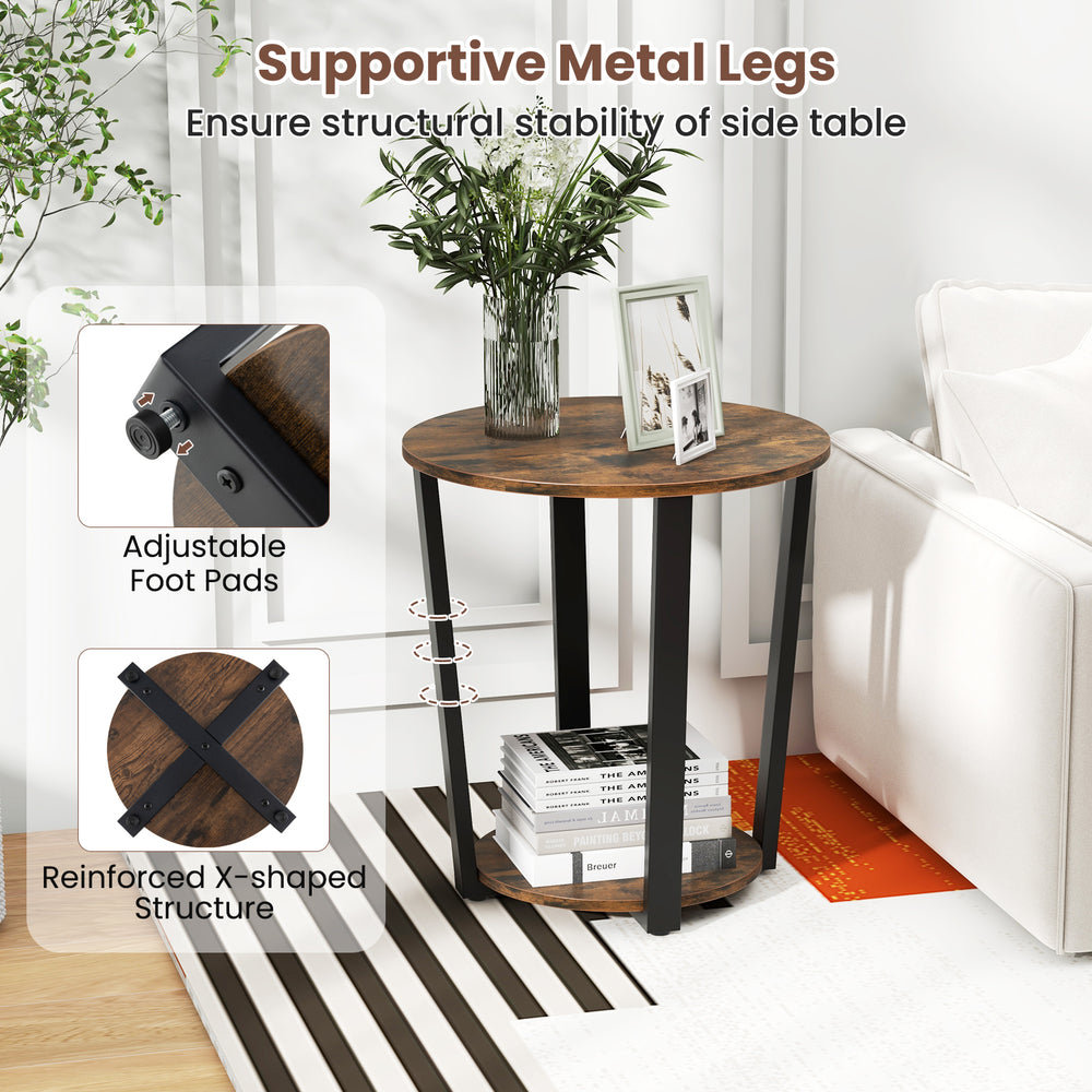 Round end table with storage shelf, brown chipboard, sturdy metal frame, adjustable foot pads for stability in any room.