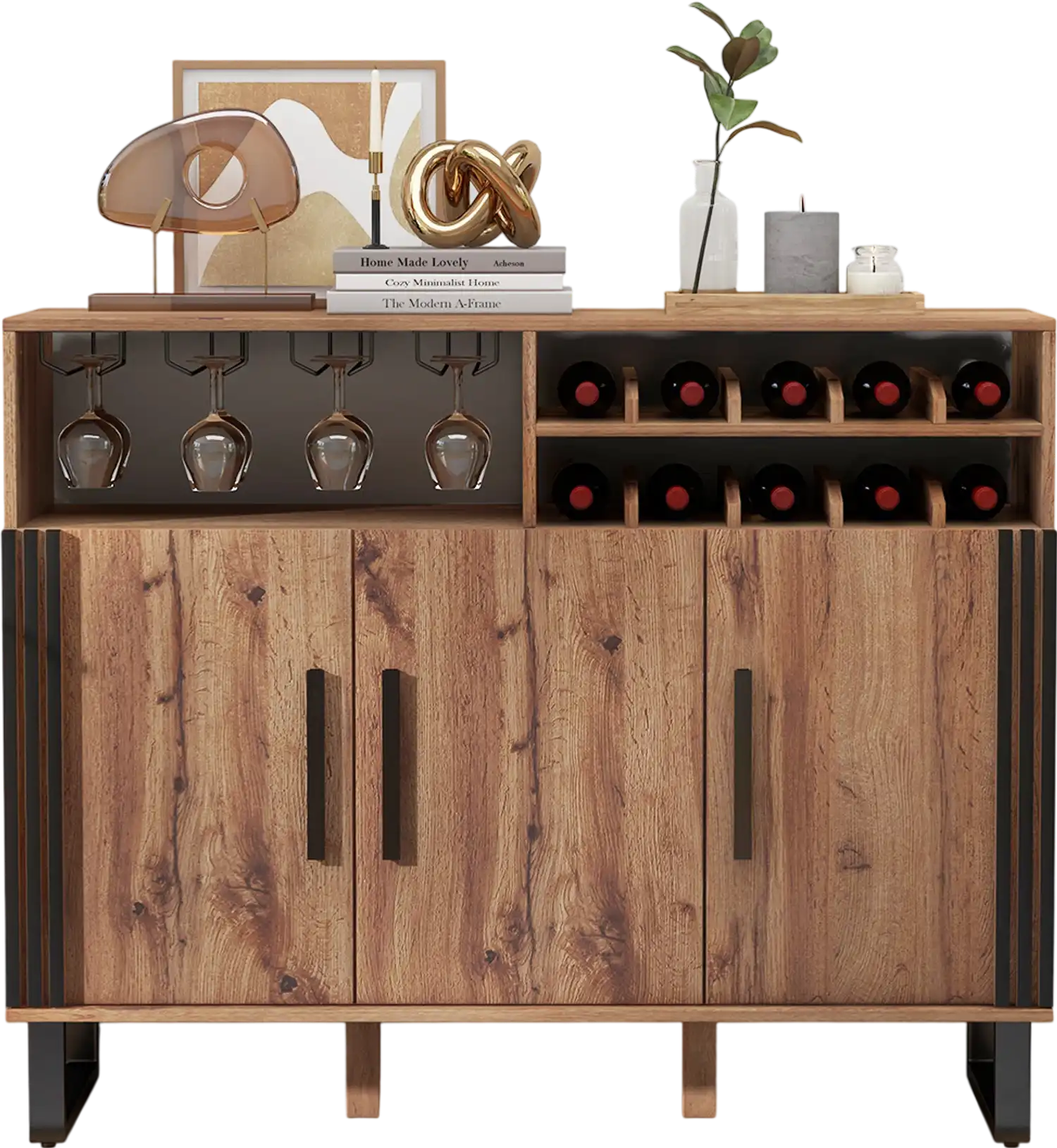 Costway Home Wine Bar Cabinet 3-Door Adjustable Shelves Brown 38641257 New