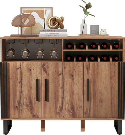 Costway Home Wine Bar Cabinet 3-Door Adjustable Shelves Brown 38641257 New