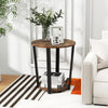 Round end table showcasing the brown melamine top and sturdy metal frame, perfect as a side table or nightstand.