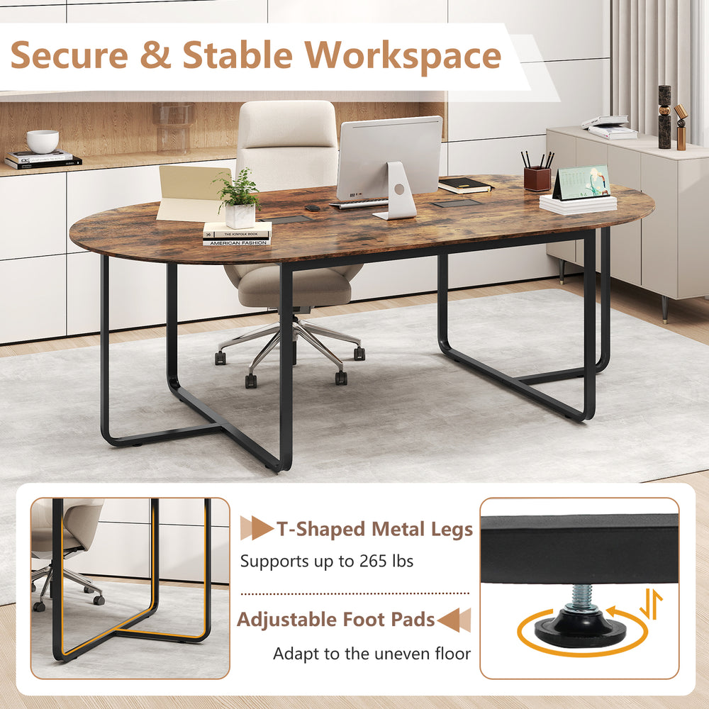 95-inch oval conference table in rustic brown with T-shaped metal legs and dual cable holes for organized meetings.