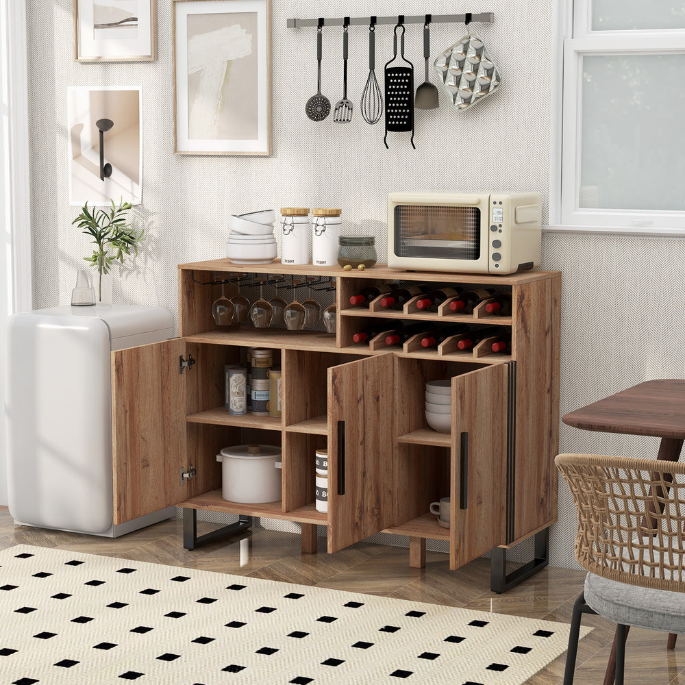 Home wine bar cabinet in brown showcasing a 4-row glass holder and ample storage space for versatile organization.