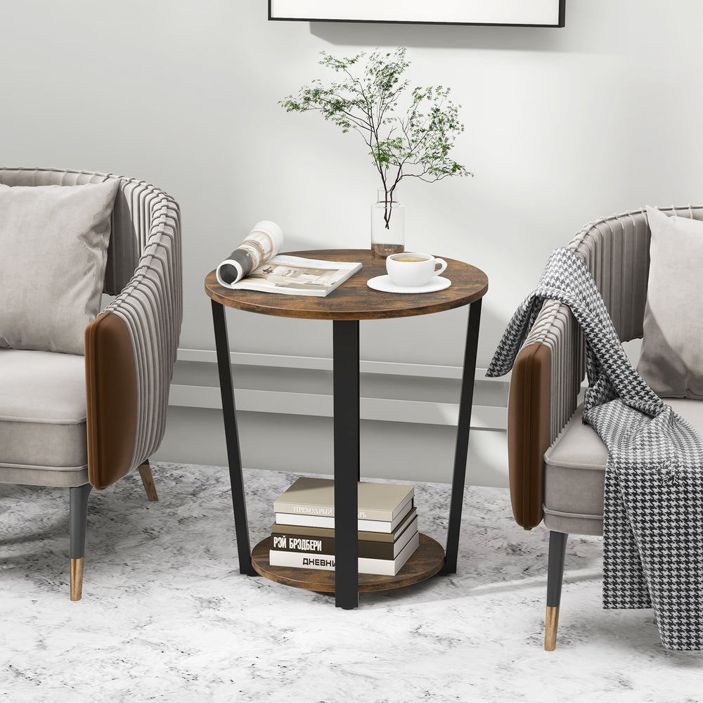 2-tier Round End Table with Storage Shelf and Metal Frame-Brown - Gallery View 1 of 10