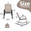 Heavy-duty metal patio rocking chair dimensions with breathable seat fabric, suitable for backyard and porch relaxation.